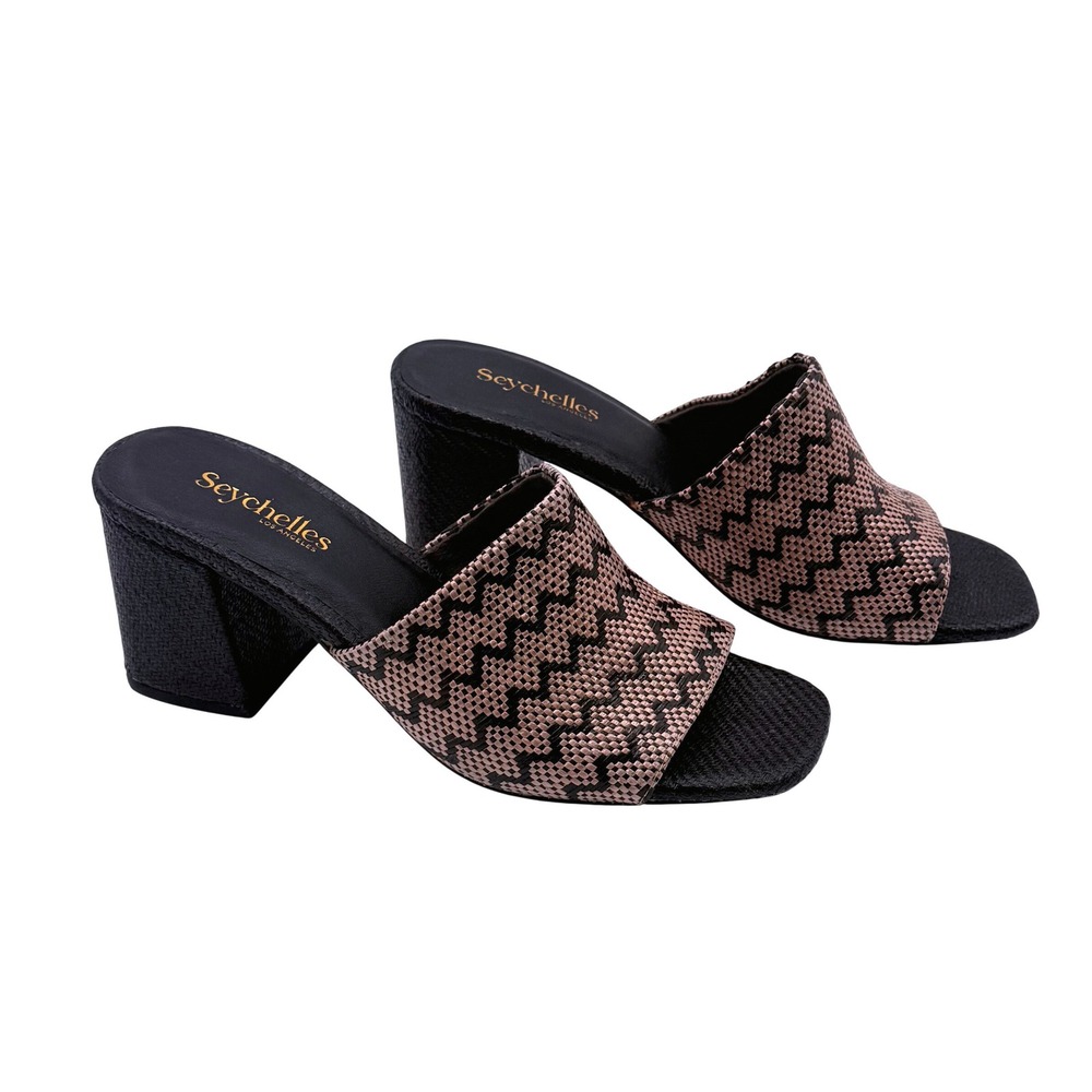 Seychelles Adapt 3 Heeled Sandals Women's 7.5 Woven Black Tan Block Heel Mules